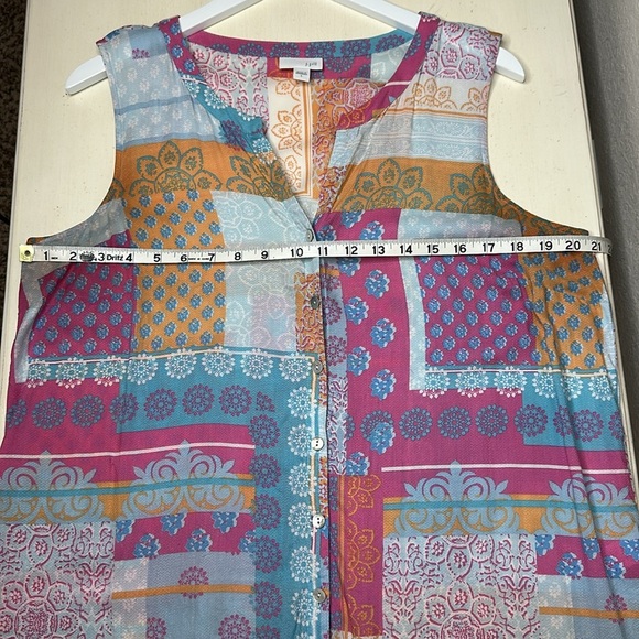 J. Jill Flowy Pink and Blue Boho Patchwork Print Sleeveless Button Up Blouse L - Picture 9 of 10